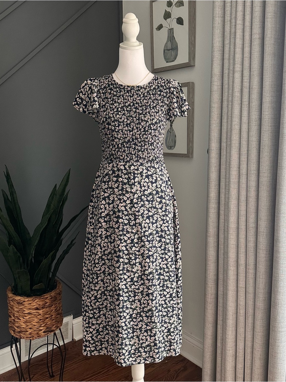 Elodie Navy Midi Dress with White Floral Print